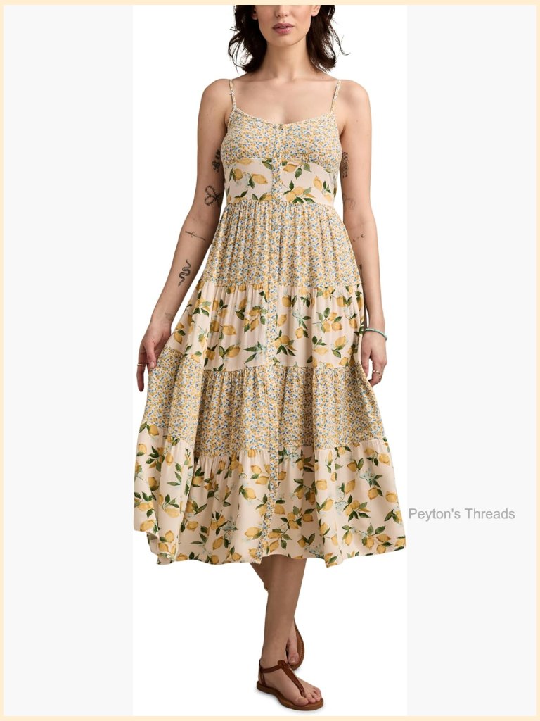Print Mix Tiered Midi Dress Pull On Style Cap Sleeve